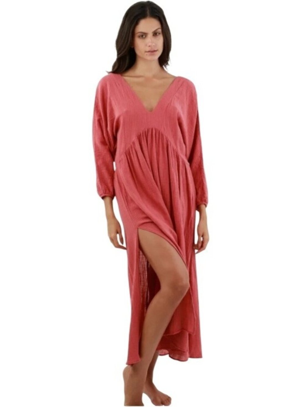 Malai Long Cotton Dress Plunging Neckline Beach Swim Cover Up Resortwear Small